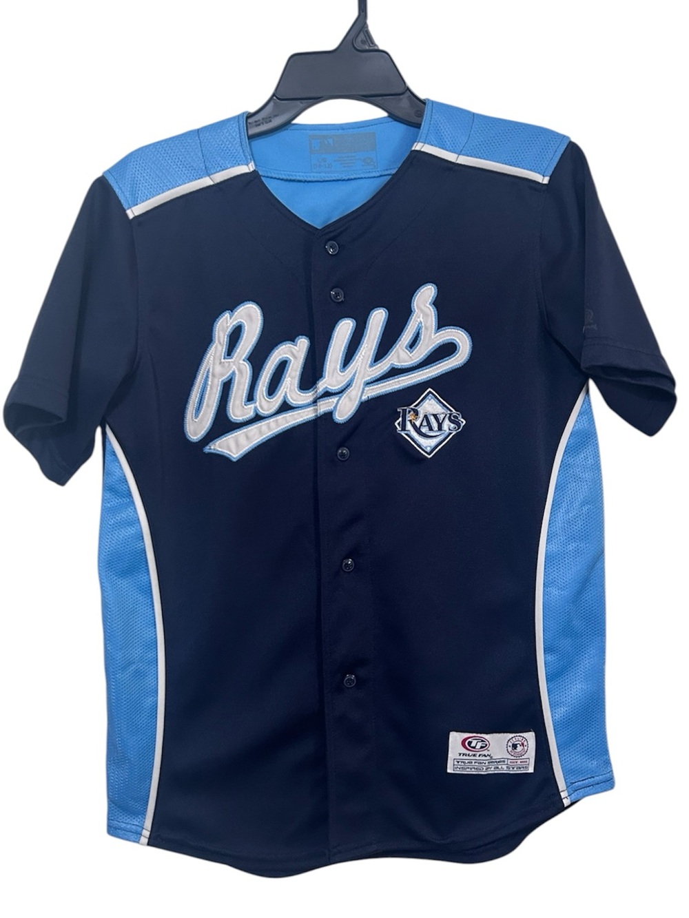 MLB Tampa Bay Rays Youth Jersey True Fan Button Up Navy Light Blue Size L 10-12
